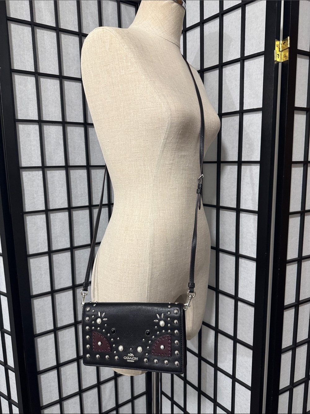 Coach 1941 Western Rivets Foldover Crossbody Wallet Black Studded Leather Bag - Picture 6 of 14
